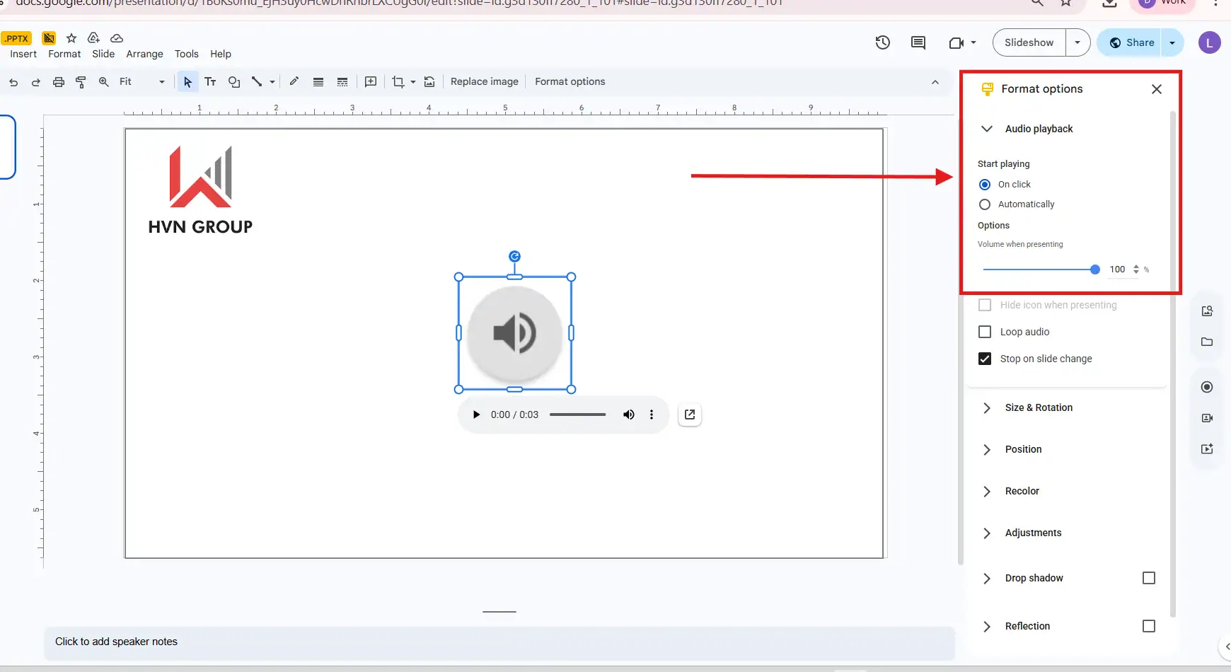 Thêm âm thanh trong google slides