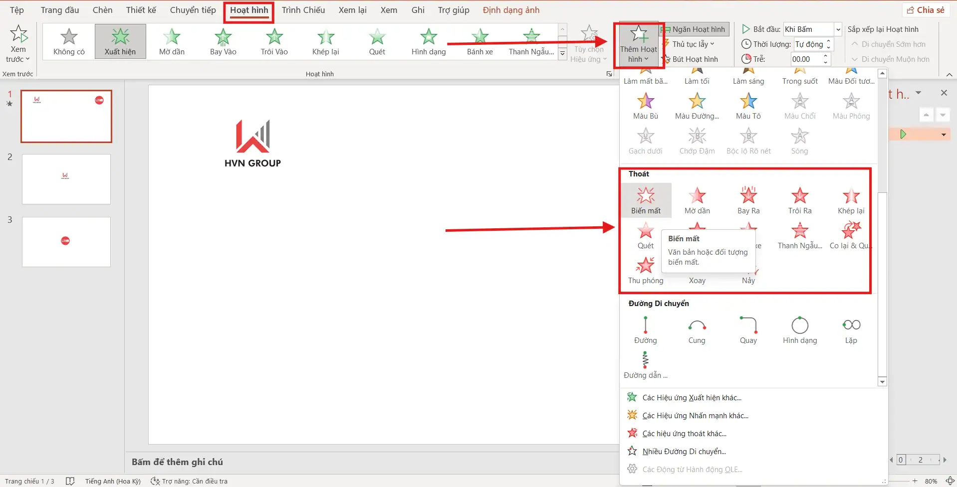 Thiết lập hiệu ứng biến mất