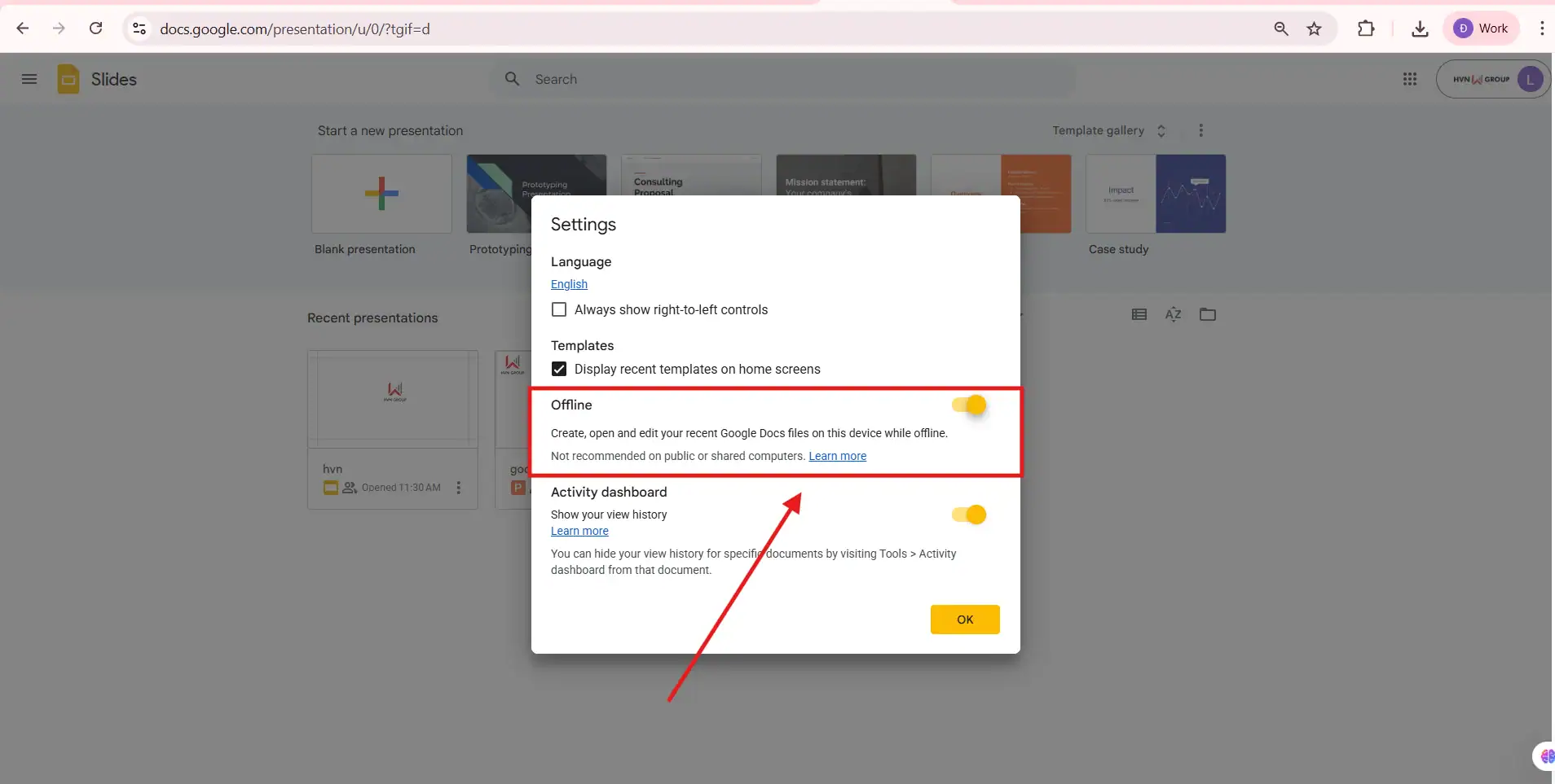 Bật offline trên google slide