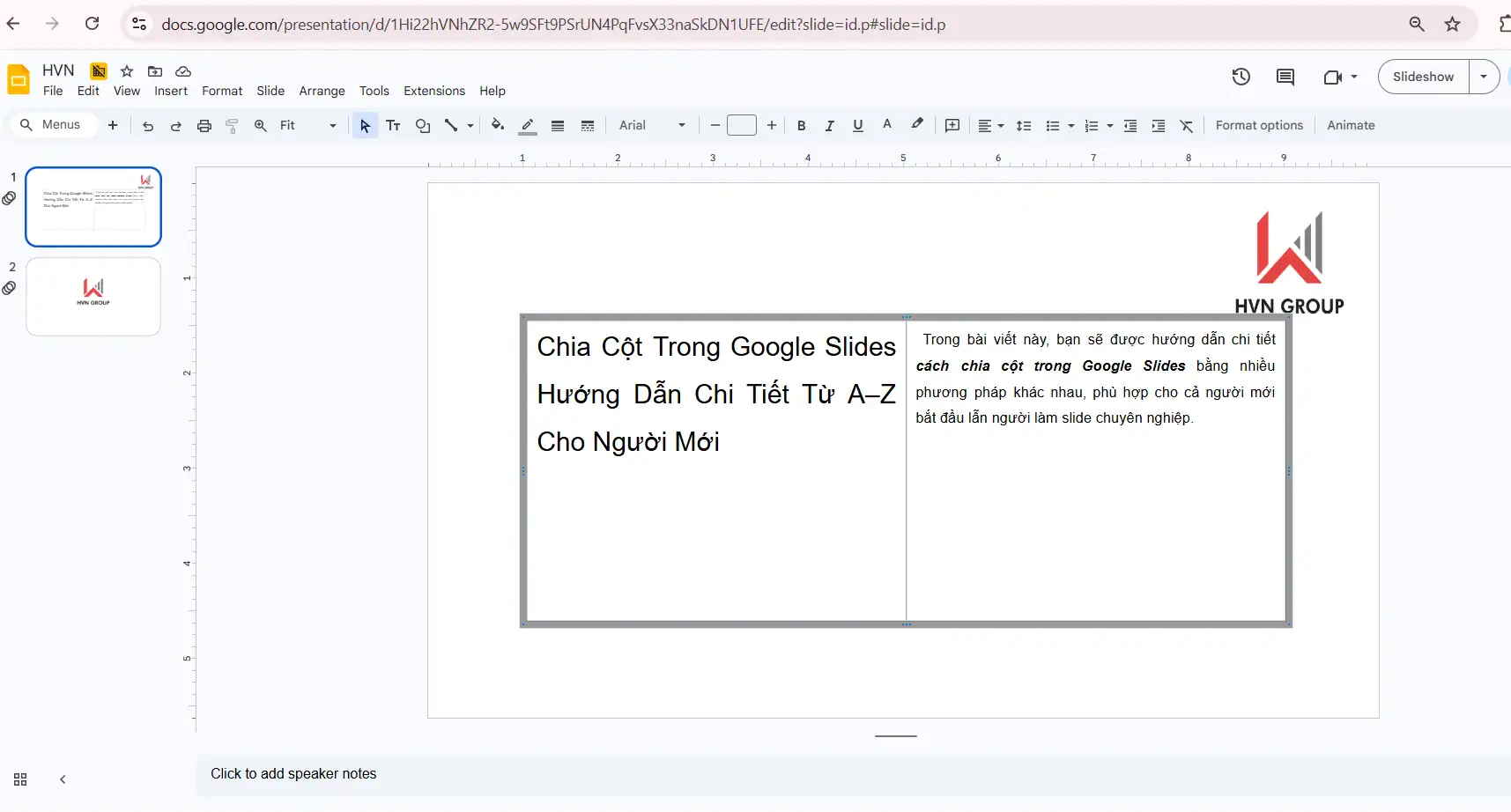 Cách chia cột trong Google Slides bằng bảng