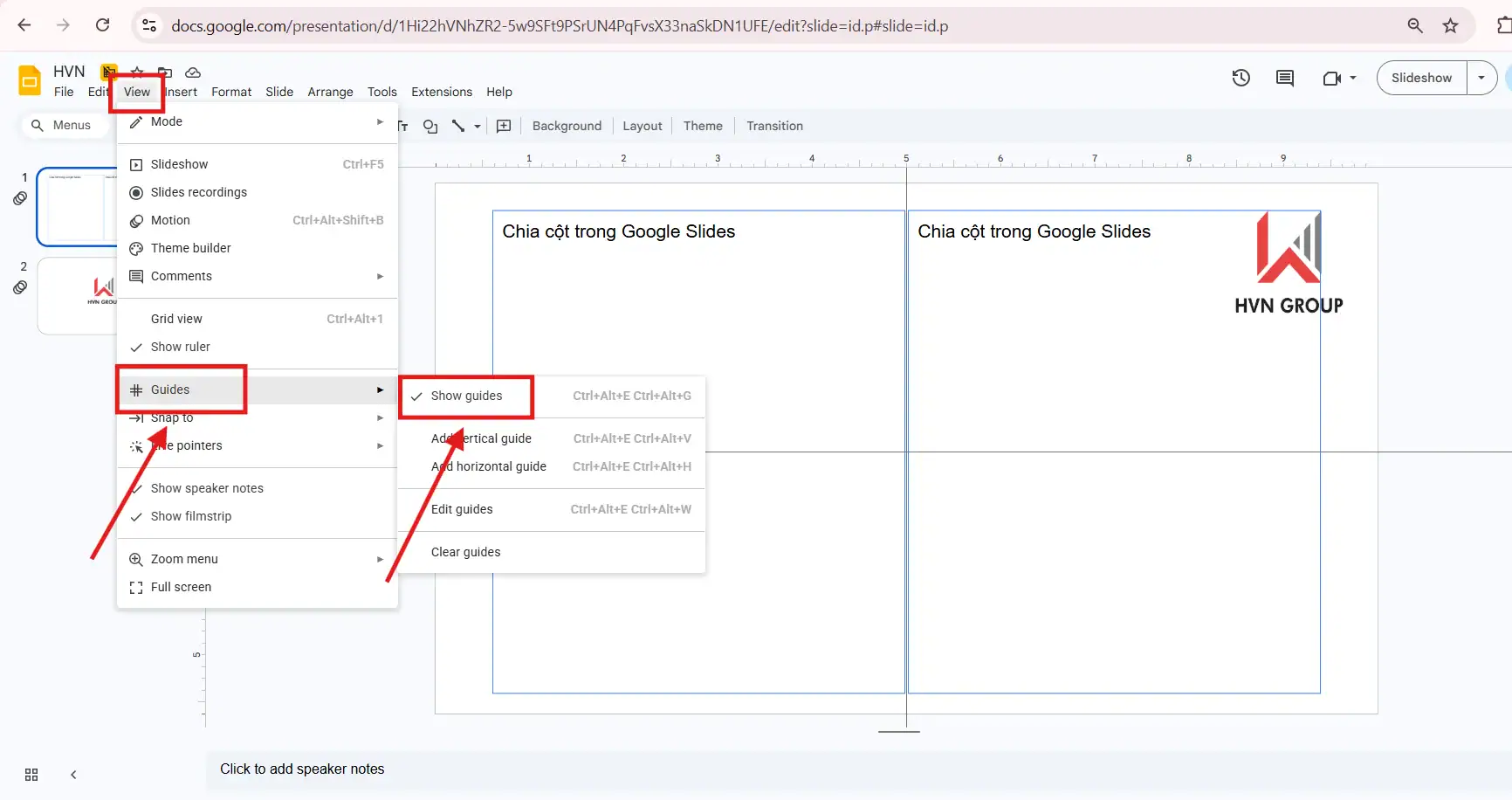 Cách chia cột trong Google SLides bằng Text box