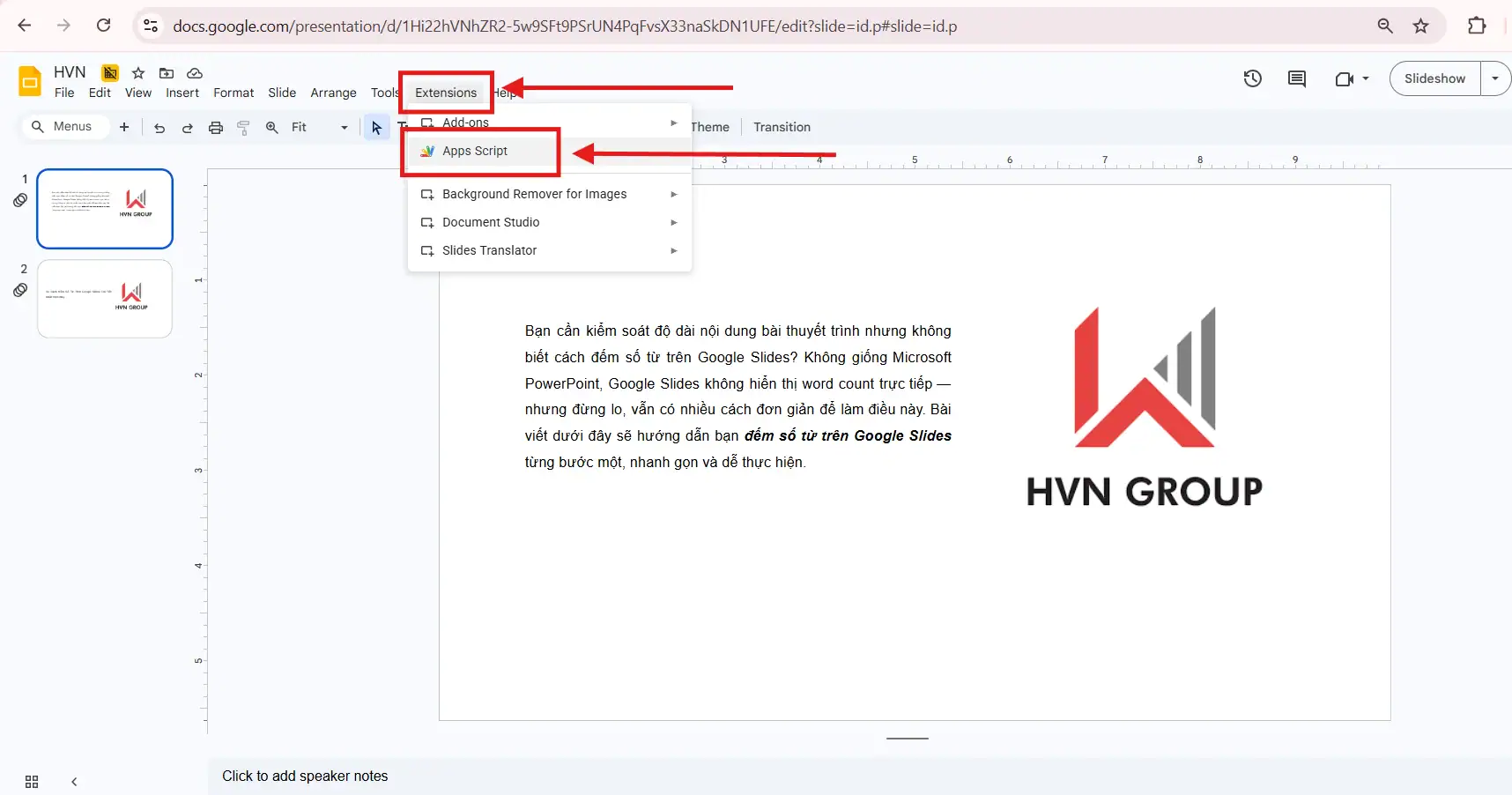 Cách đếm số từ bằng Extension