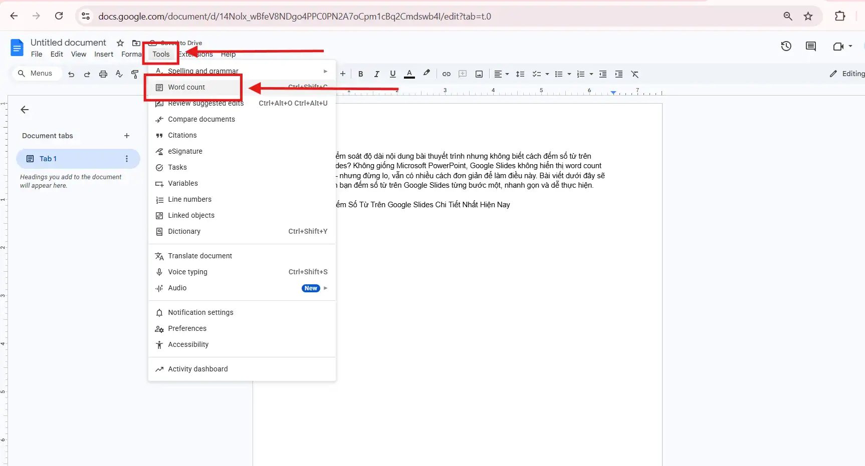 Cách đếm số từ bằng Google Docs