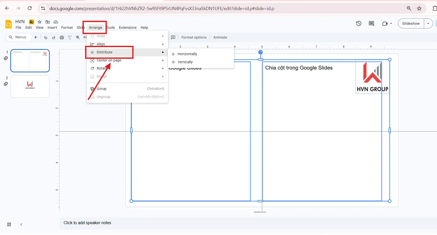 Chỉnh cột trong Google Slides
