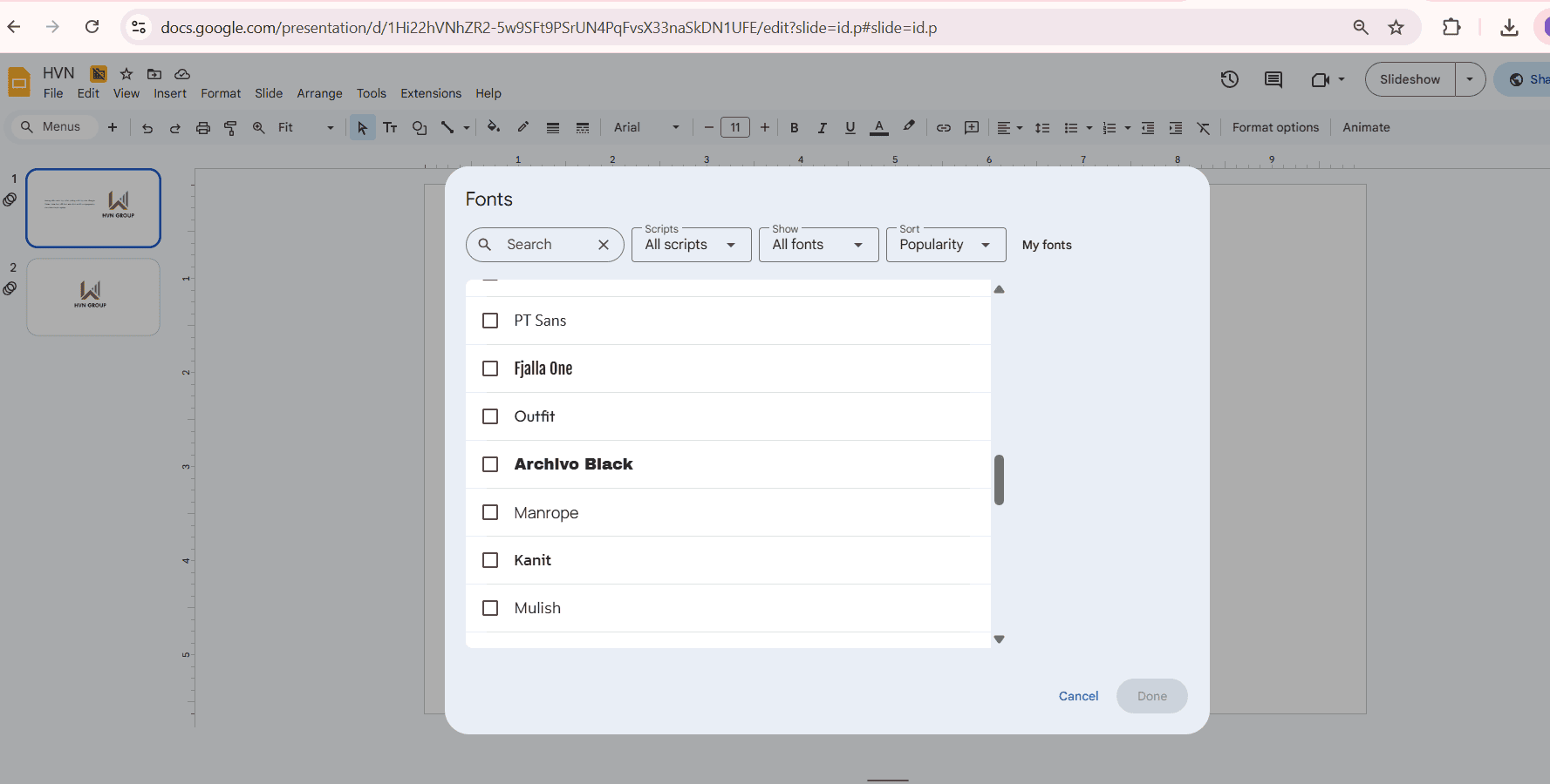 Chỉnh font trong Google Slides