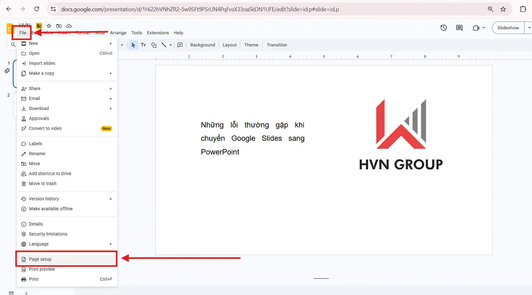 Chỉnh size Google Slide
