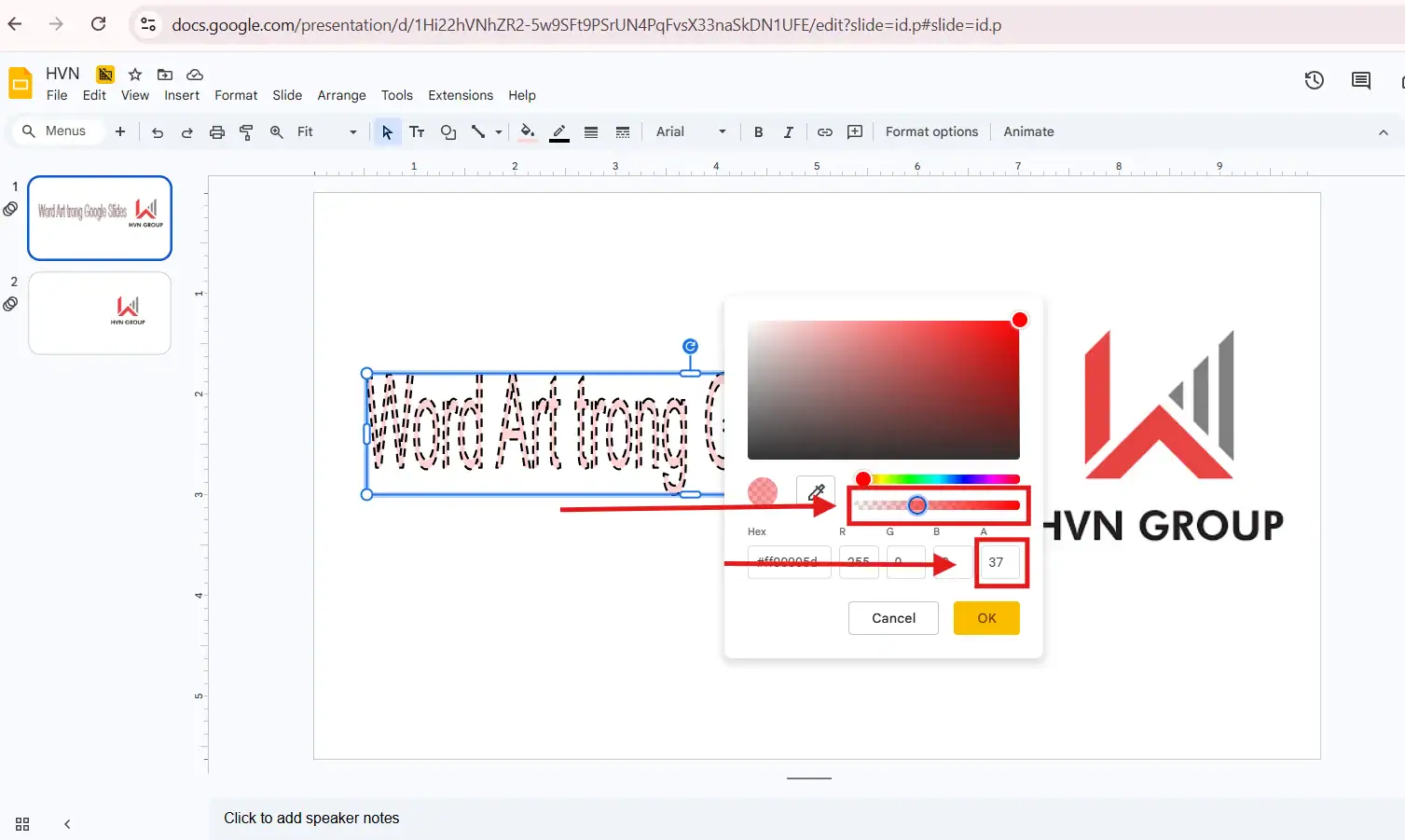 Chỉnh Word Art trong Google Slides