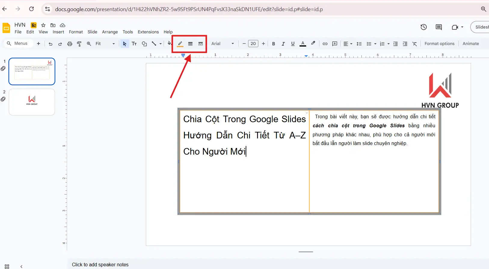 Điều chỉnh colume trong Google Slides