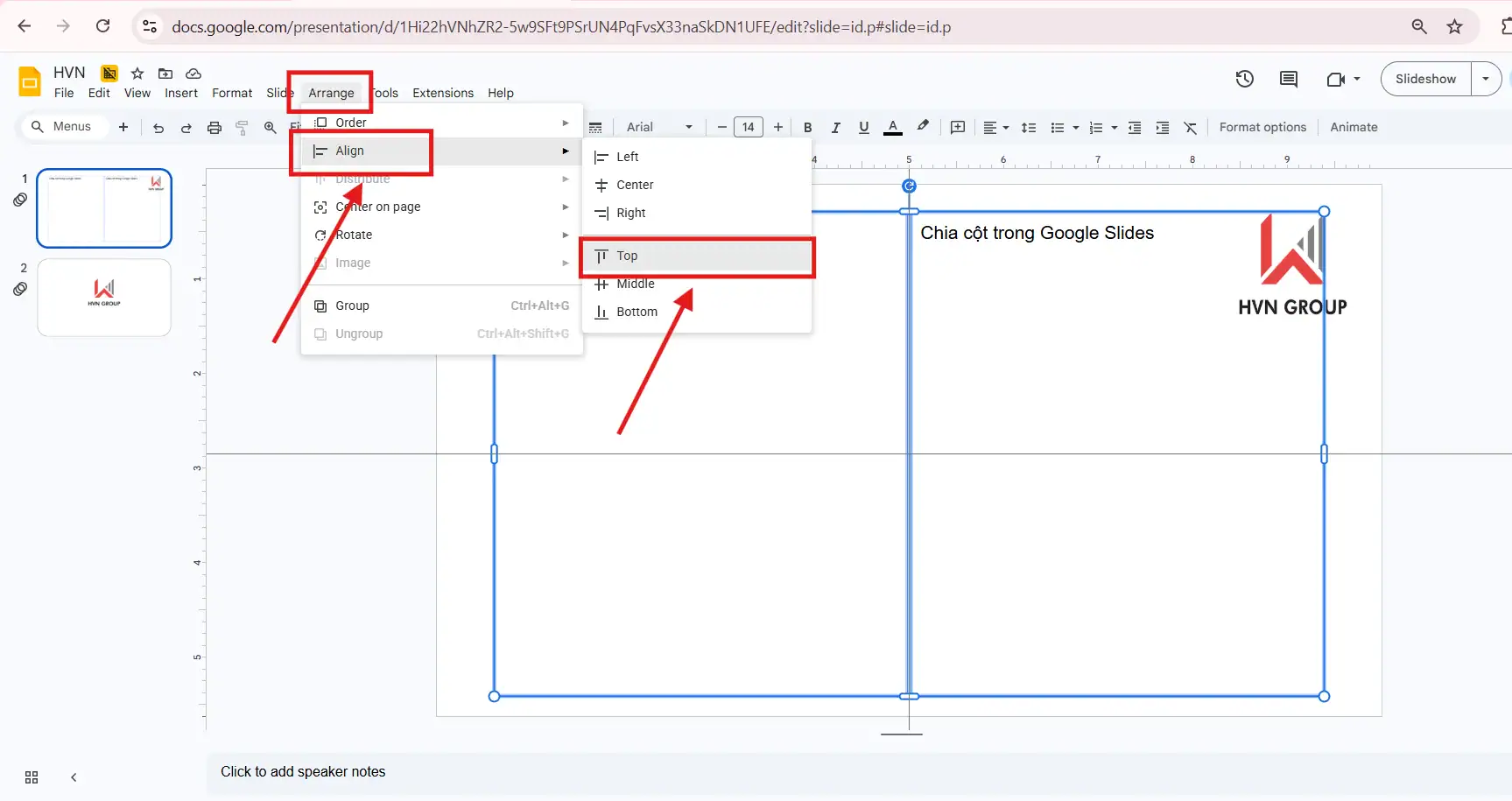 Điều chỉnh cột trong Google Slides