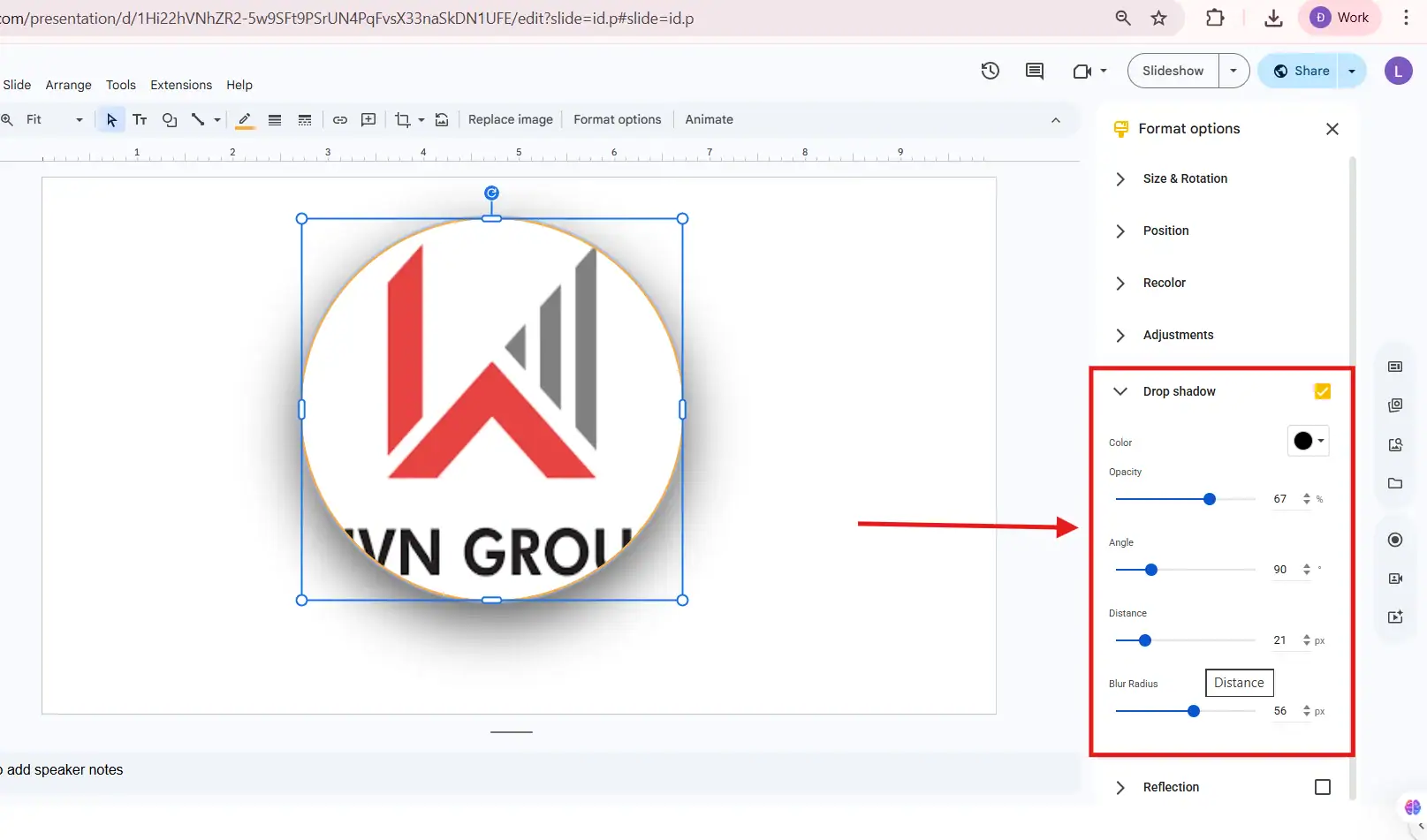 Điều chỉnh hiệu ứng bóng đổ