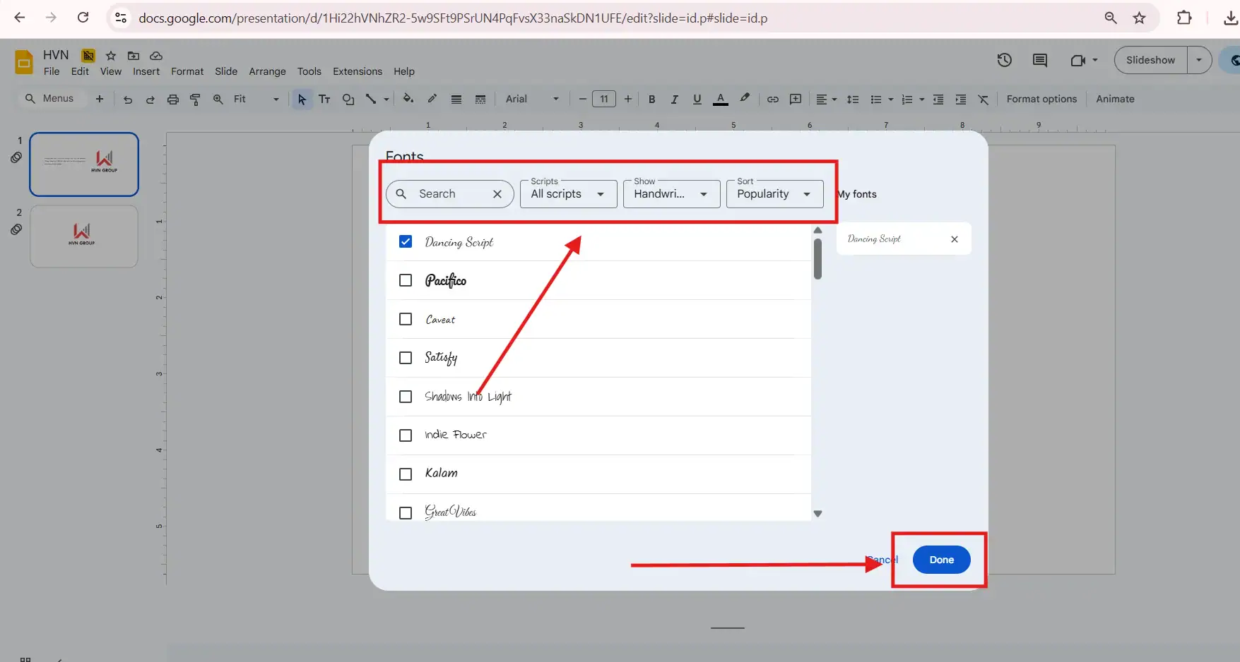 Điều chỉnh phông cho Google Slides