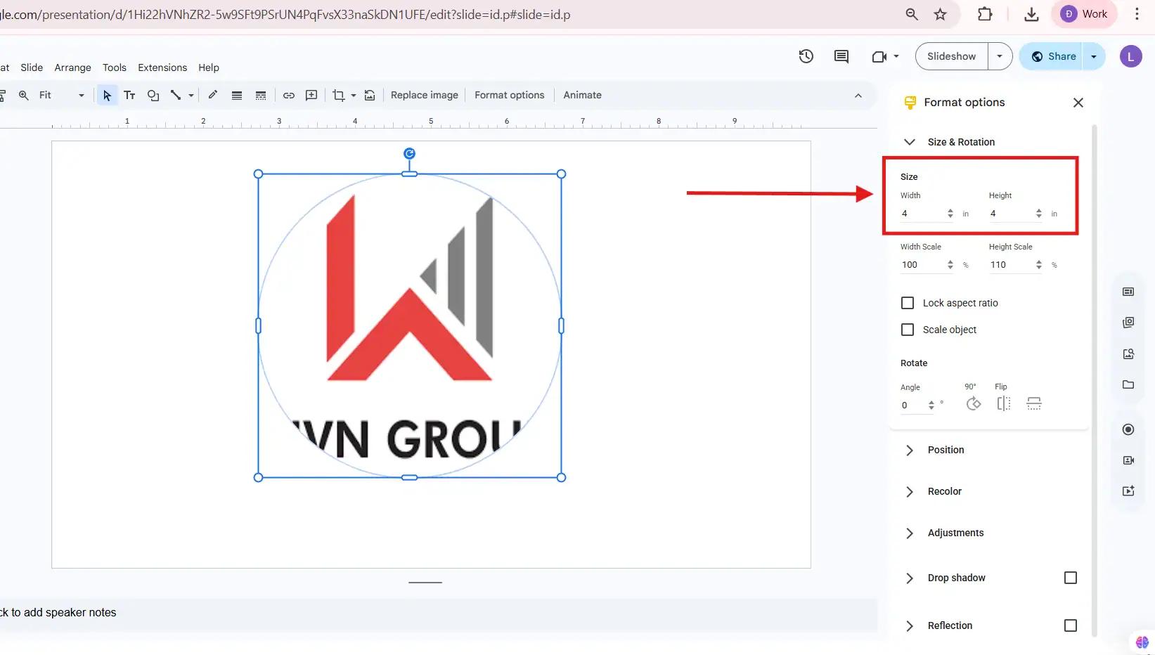 Điều chỉnh size hình tròn