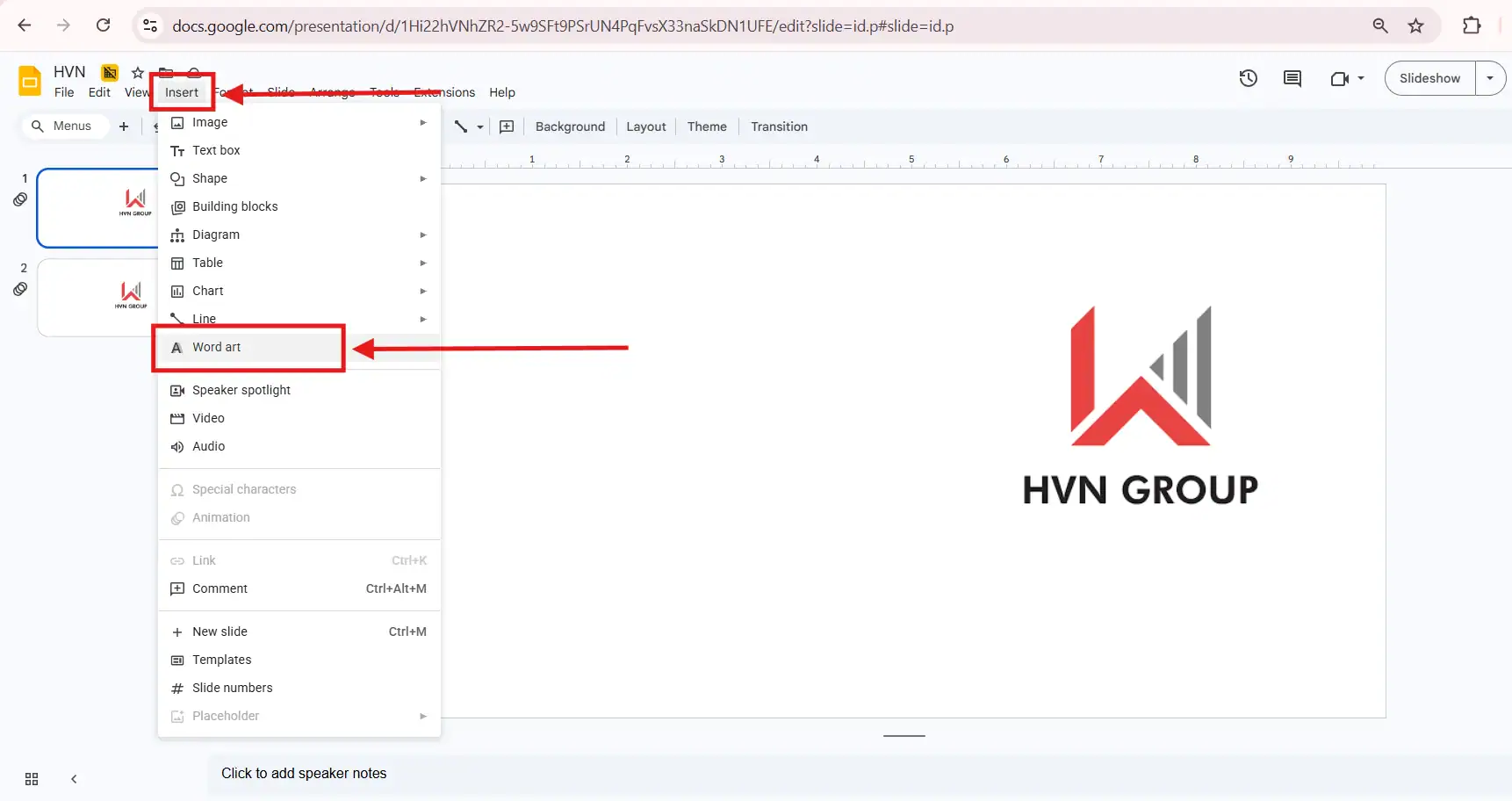 Dùng Word Art trong Google Slides