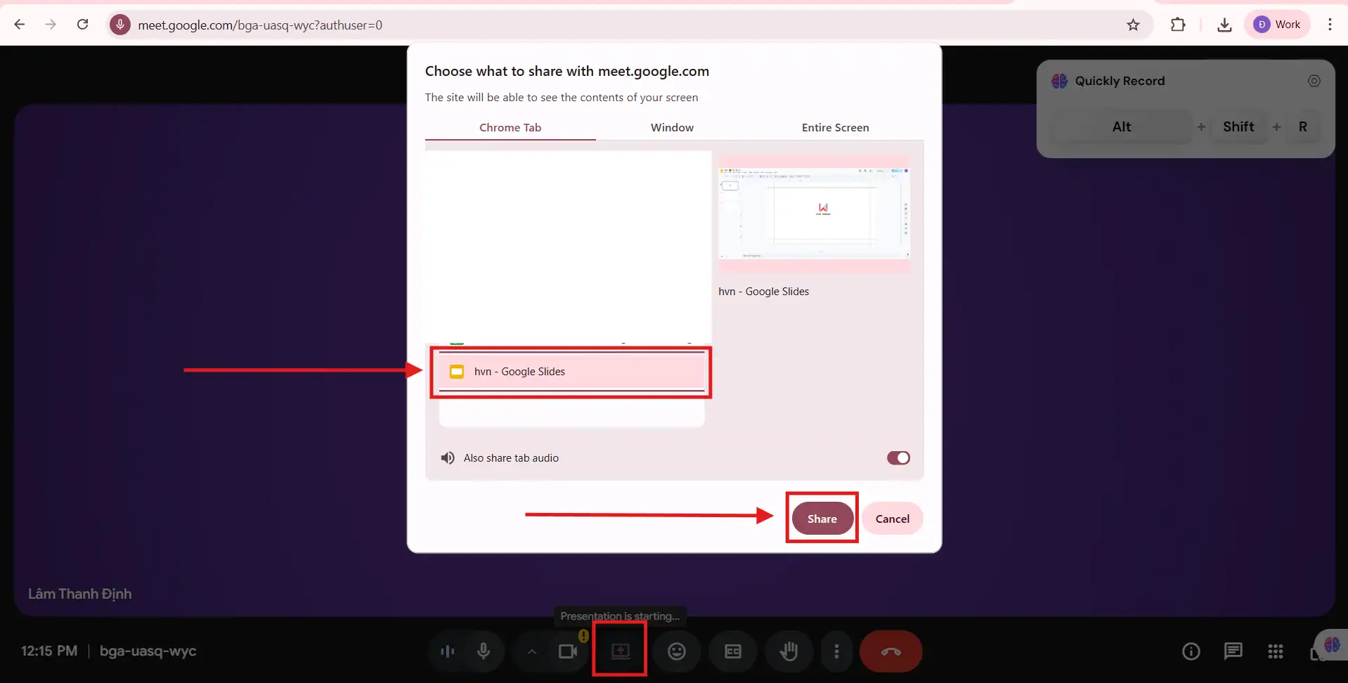 Ghi lại bài thuyết trình bày trên Google Meet
