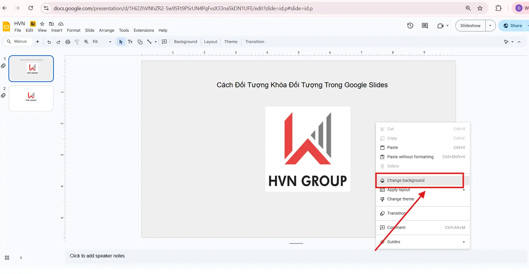 Khóa đối tượng bằng Change Background