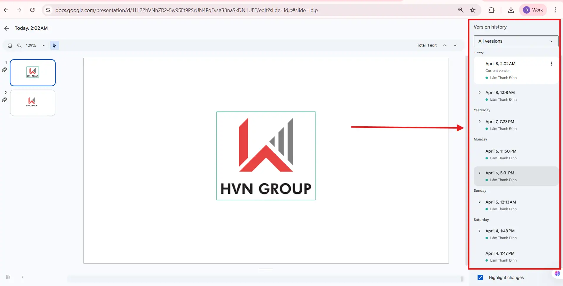 Lịch sử trong Google Slides