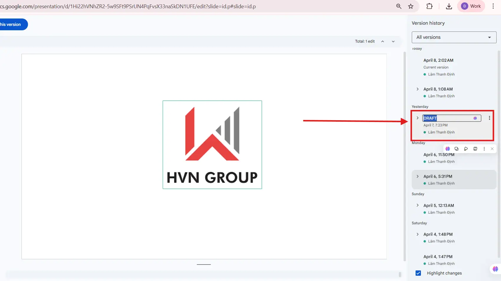 Lưu tên lịch sử trong Google slides