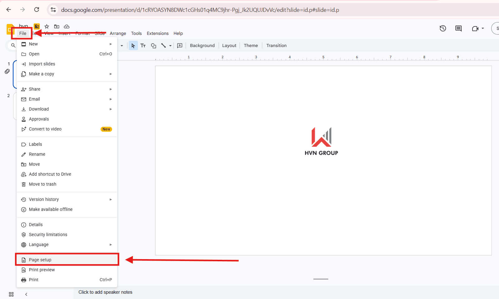 Thay đổi kích thước slide