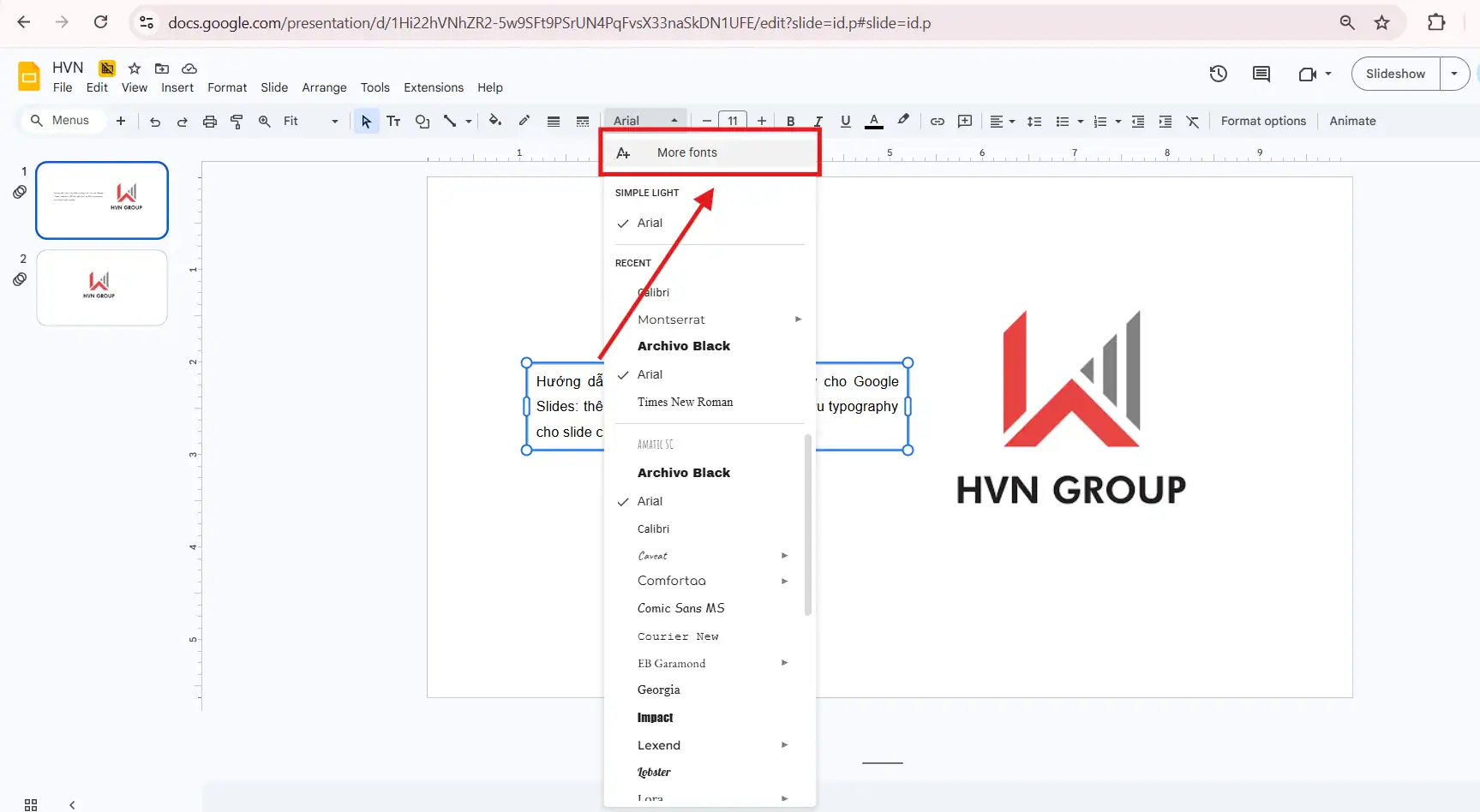 Thêm font chữ trong Google Slides