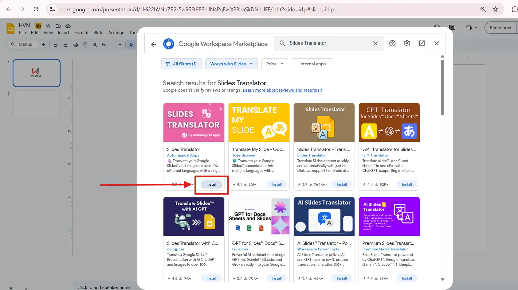 Thêm tiện ích trong gg Slides