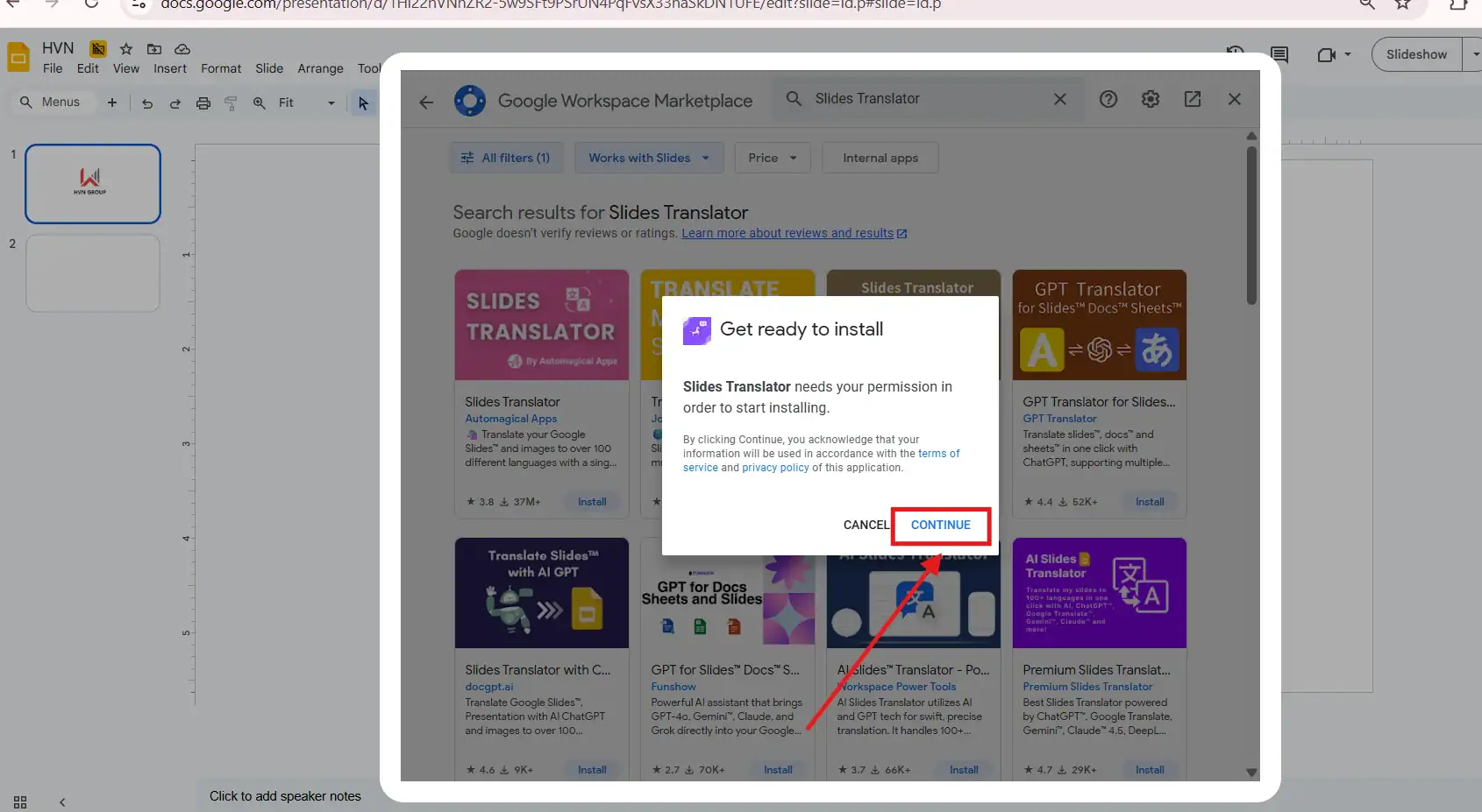 Tiện ích trong Google Slides