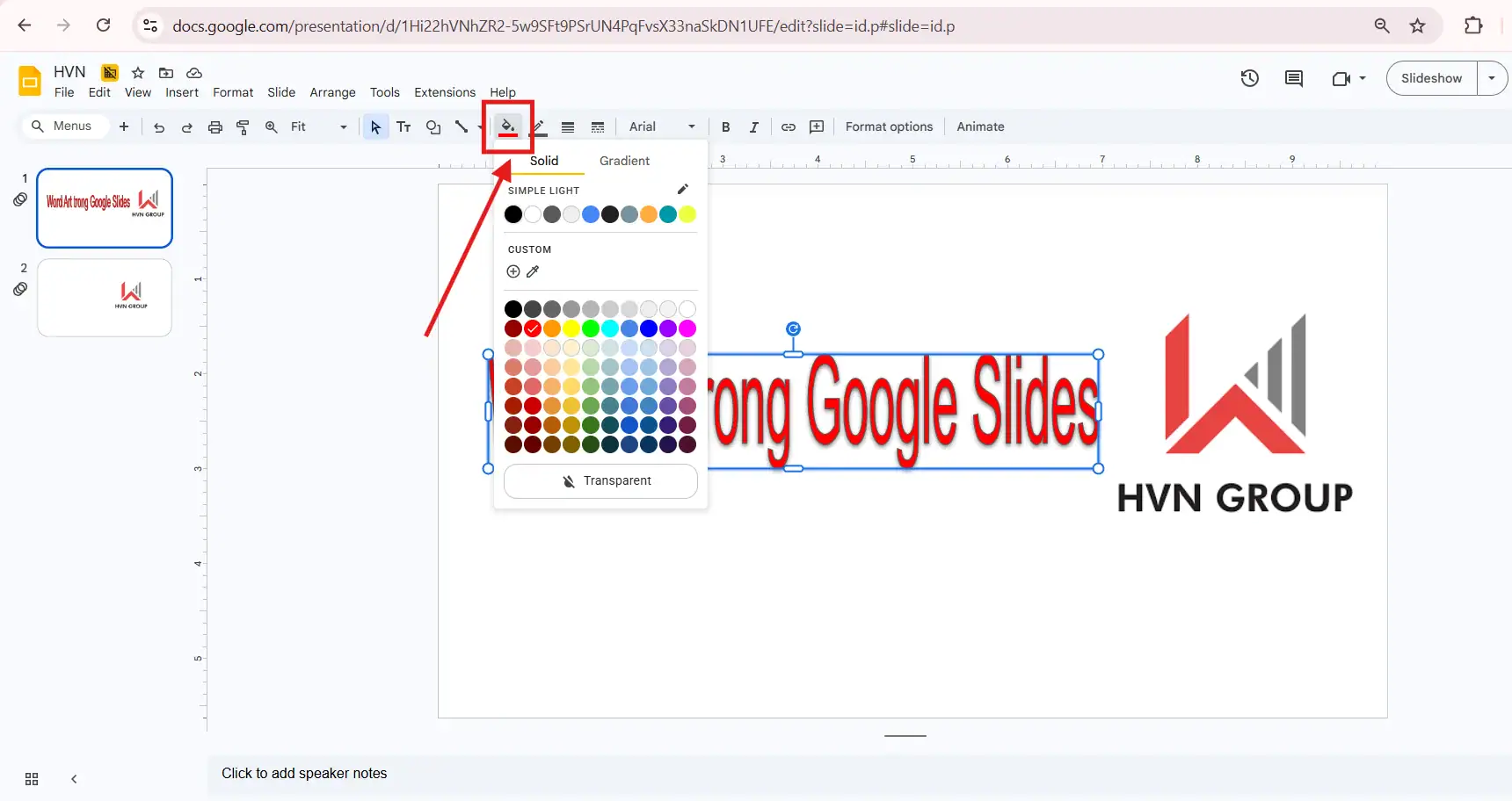 Tô màu Word Art trong Google Slides