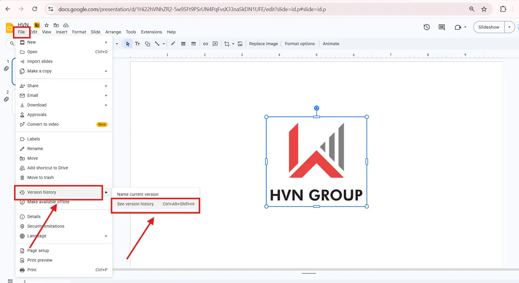 Truy cập vào lịch sử trong Google Slides