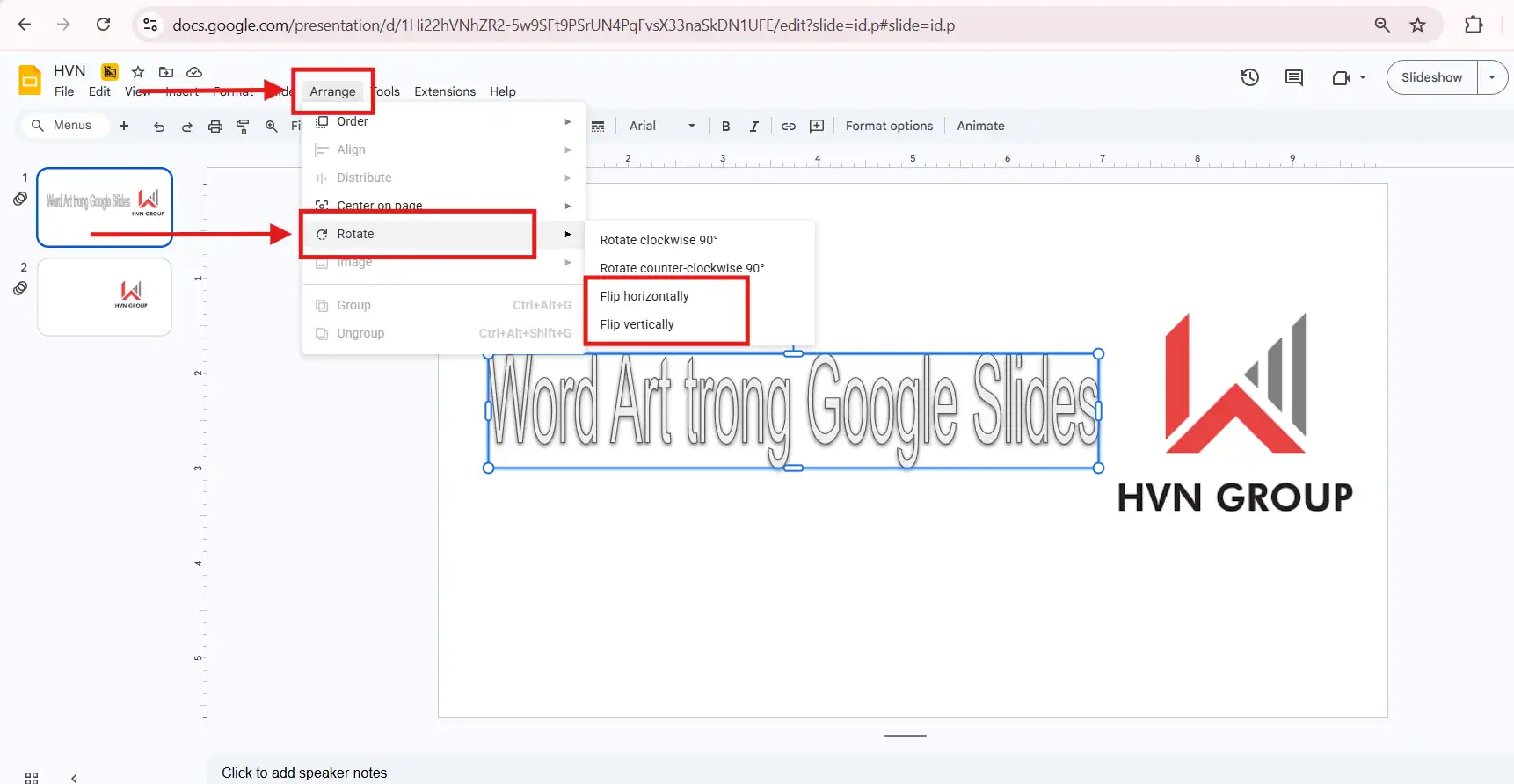 Xoay Word Art trong Google Slides